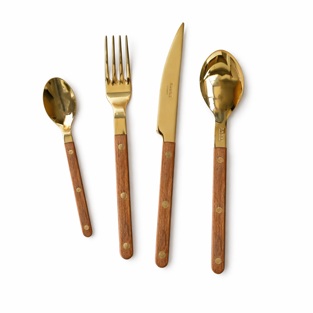 Sabre Paris 4-piece cutlery set teak wood handles gold-toned stainless steel