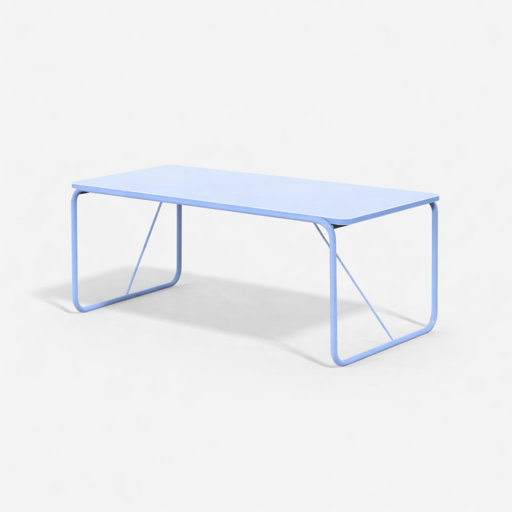 Delajoie Éditions 6-seater dining table in barbeau blue satin lacquered wood with architectural metal base handmade France Dear Johny. Minimalist 180cm table designed in Paris and produced in French ateliers for contemporary dining rooms.