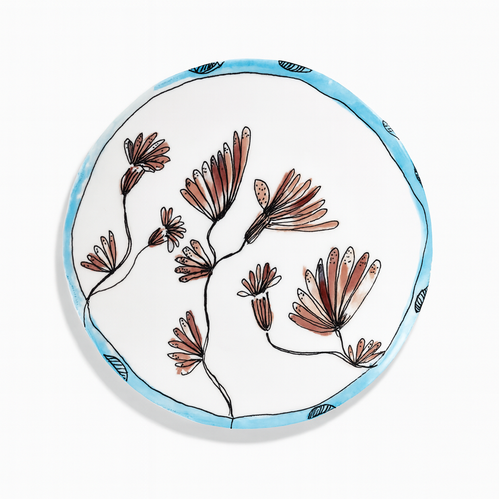 Serax Midnight Flowers avant-garde delicate bone china porcelain serving plate by designer Marni in aubergine purple and light blue contemporary ceramic tableware category designed in Belgium Dear Johny