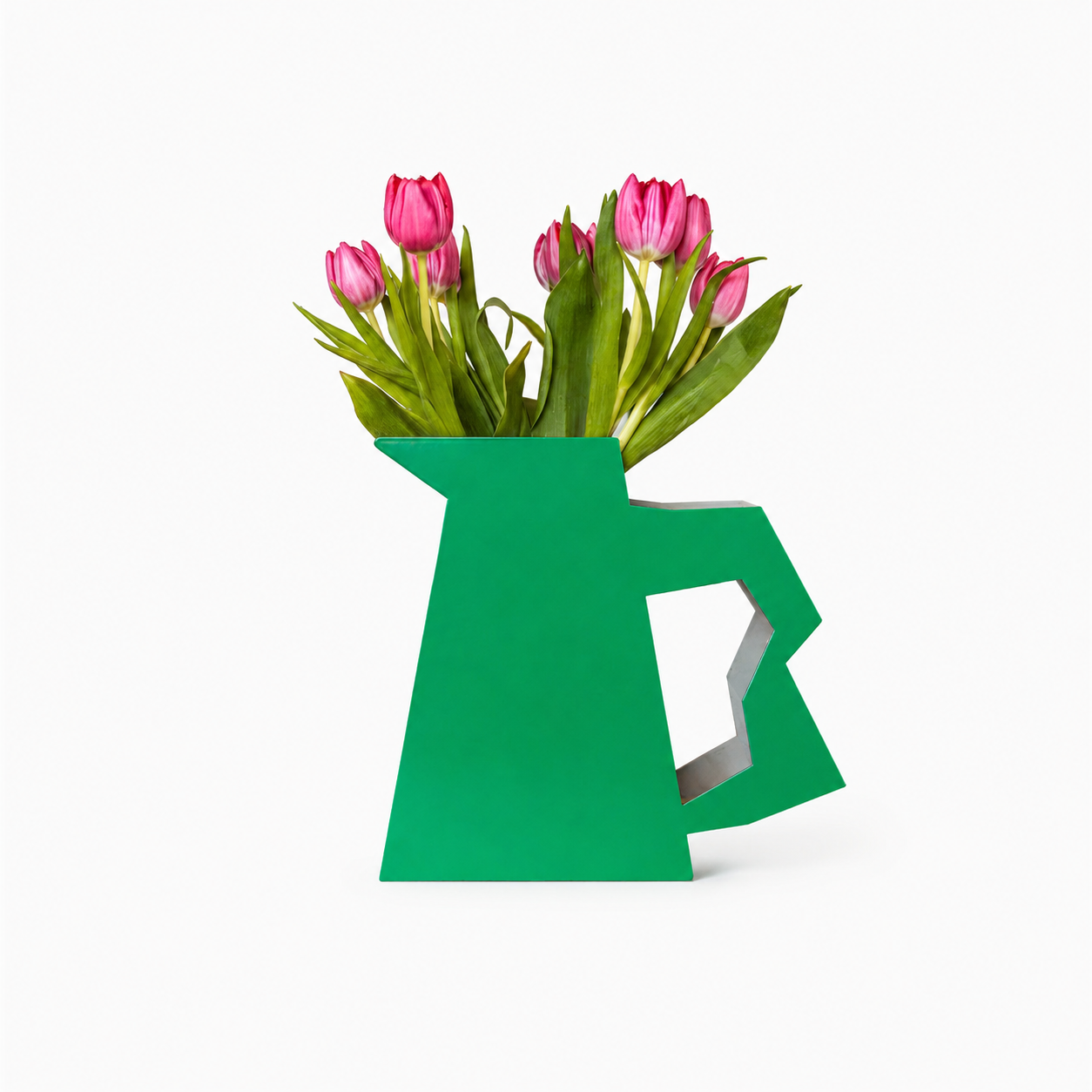 Large aluminium Pitcher Vase by Isabelle Neyt with a bright green side and a natural aluminium side. Made in Belgium contemporary metal design.
