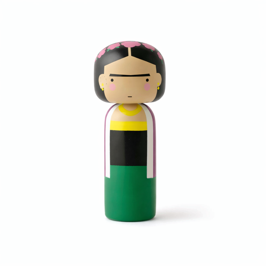 Lucie Kaas kokeshi doll illustrated wooden figure Frida Kahlo