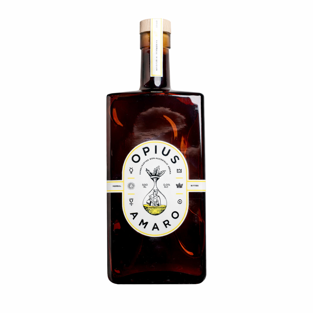 Opius non-alcoholic citrus amaro bottle dark glass
