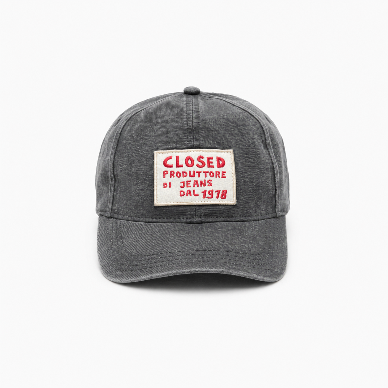 Closed classic six panel denim cap in washed black with curved brim and adjustable strap handcrafted by Star Tags Dear Johny