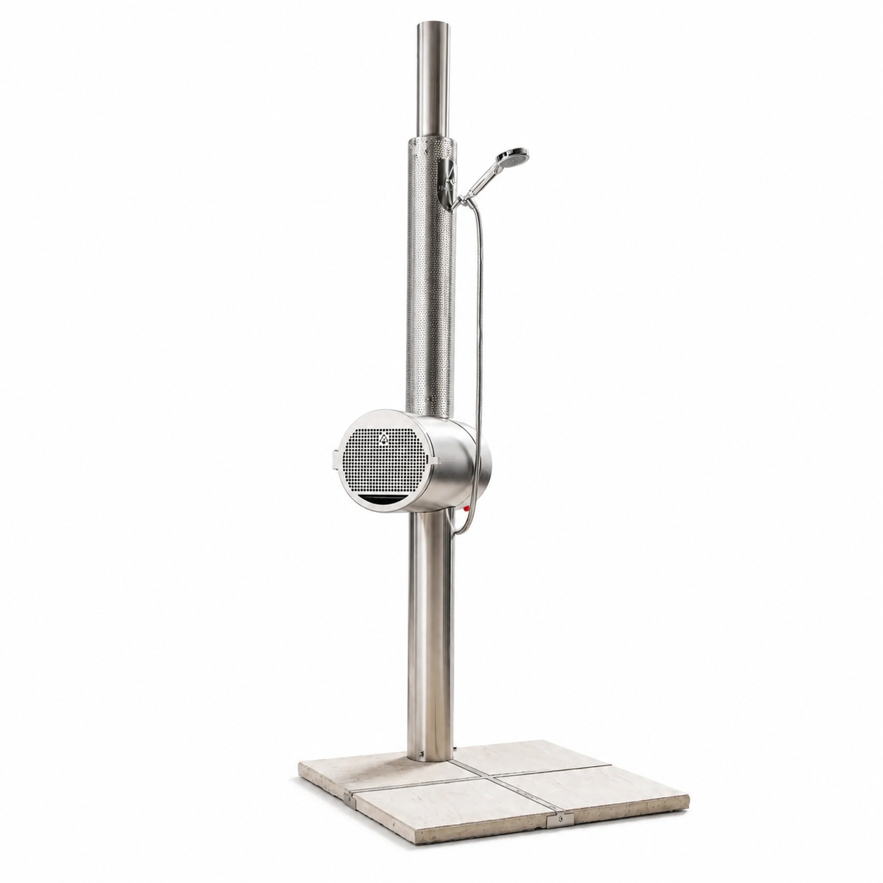 Feuerwasser outdoor shower stainless steel frame with solid pine wood base garden shower crafted by Martin and Sophie Auer in Styria Austria Dear Johny
