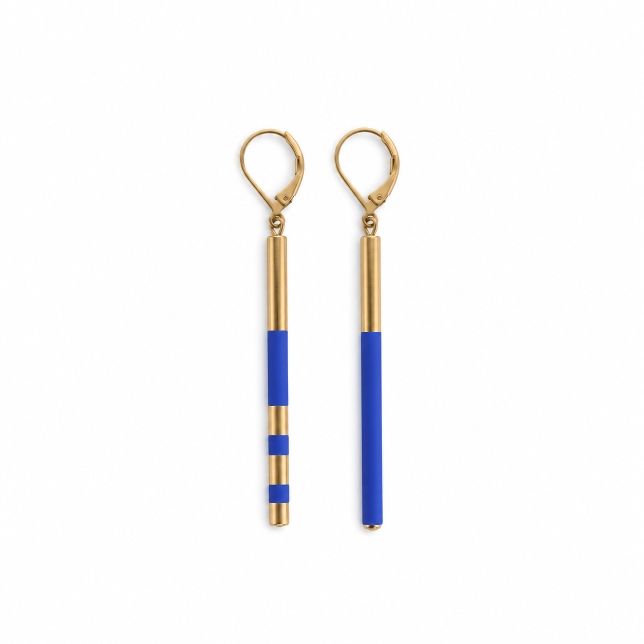 Judith Benita Savoy asymmetrical graphic earrings in 24-karat recycled gold-gilded brass and electric blue lacquer handmade in Paris