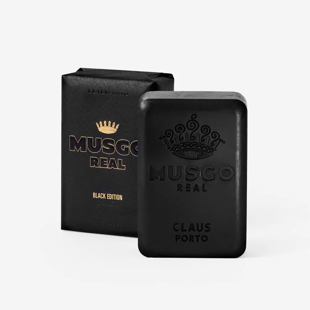 160g bar of Musgo Real Black Edition soap with charcoal and organic oils.