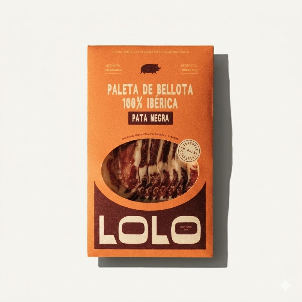 Lolo Pata Negra 100% Iberico de Bellota sliced 80g from Salamanca Spain handmade Dear Johny. Authentic Spanish delicacy cured in natural cellars for 36 months.
