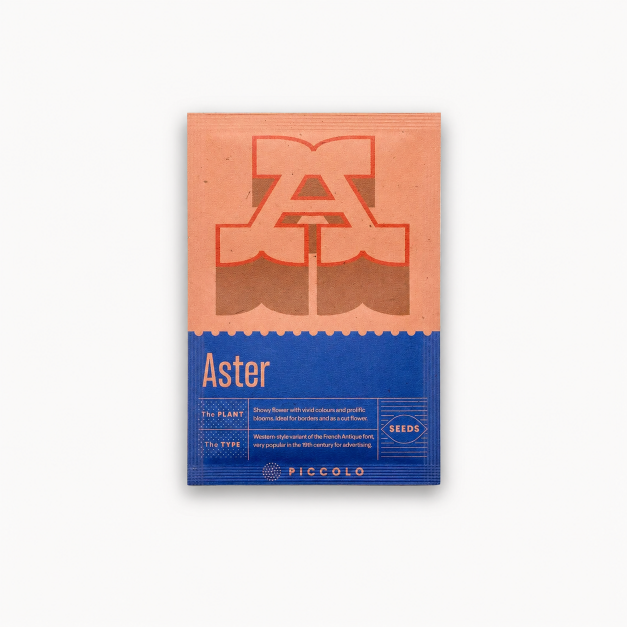 Piccolo Seeds A for Aster botanical alphabet seed packet designed by The6th Milan sustainable packaging from tomato waste Conegliano Venice Italy design studio Dear Johny