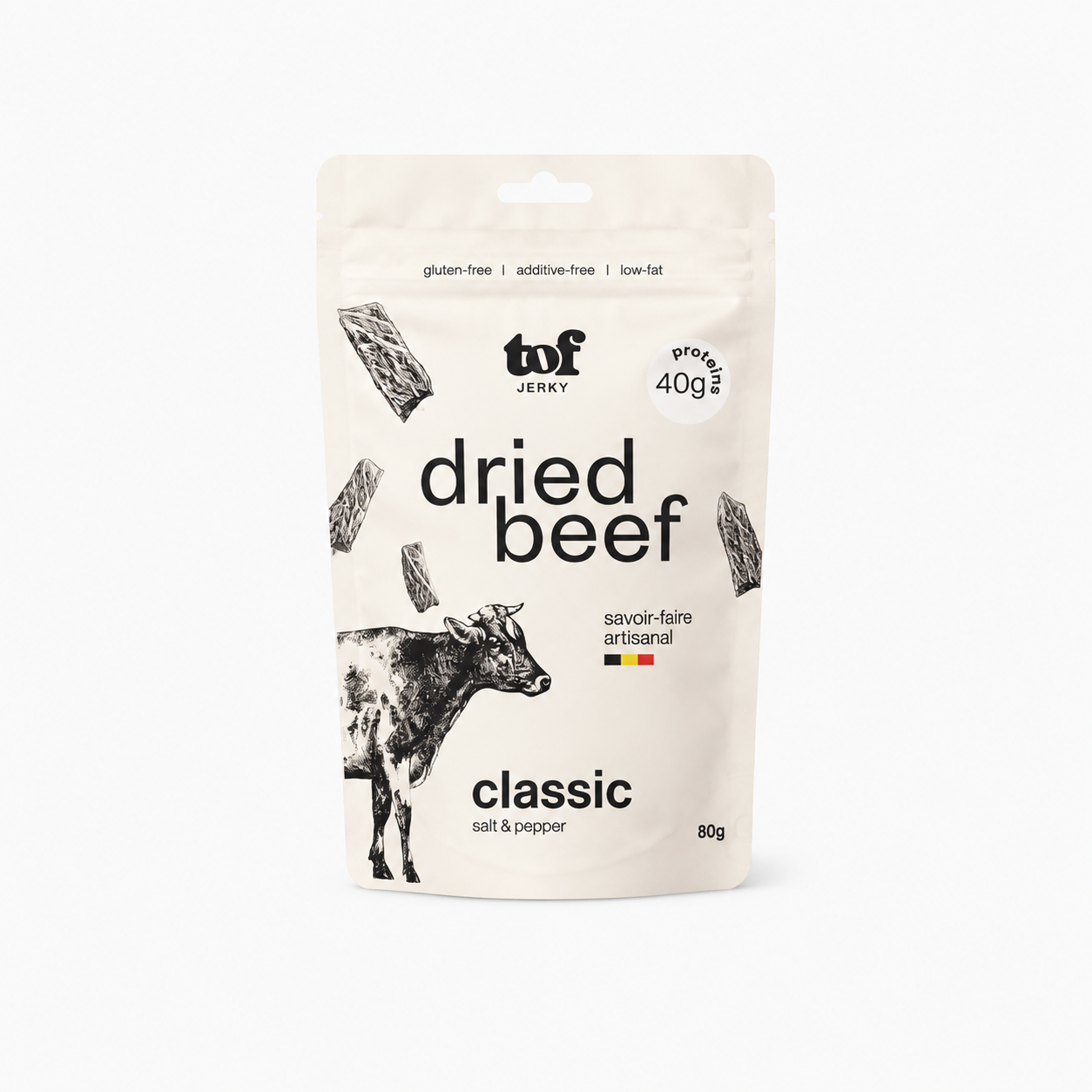 Tof Jerky Classic Belgian beef jerky bag Holstein beef natural ingredients gluten-free high protein snack Dear Johny