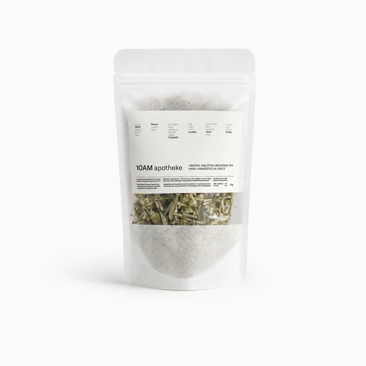 10am Apotheke organic Malotira mountain tea herbal infusion wild harvested hand-picked Crete Greece Omalos Plateau antioxidant rich medicinal loose leaf tea contemporary minimalist modern apothecary design packaging Dear Johny