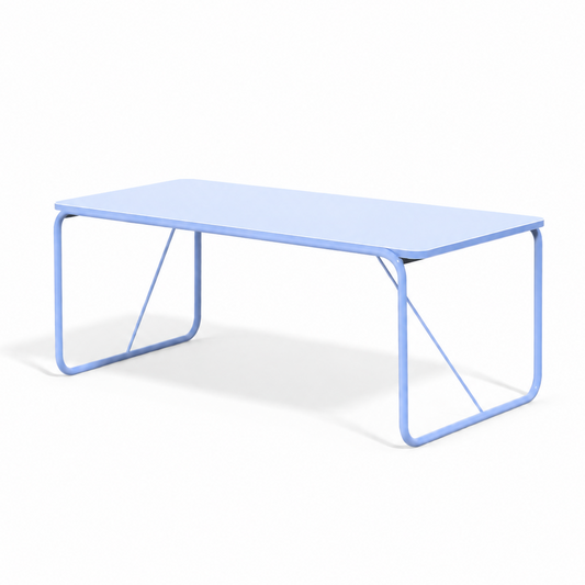Delajoie Éditions 6-seater dining table in barbeau blue satin lacquered wood with architectural metal base handmade France Dear Johny. Minimalist 180cm table designed in Paris and produced in French ateliers for contemporary dining rooms.