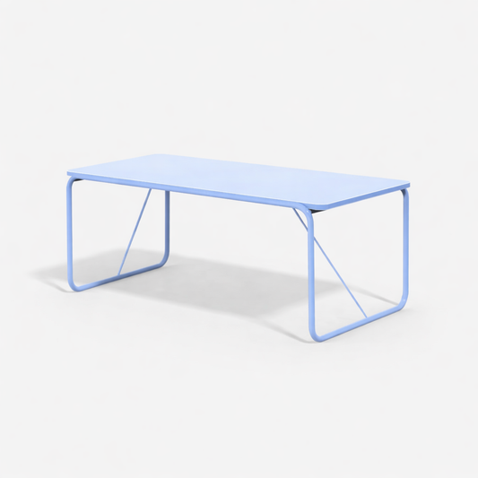 Delajoie Éditions 6-seater dining table in barbeau blue satin lacquered wood with architectural metal base handmade France Dear Johny. Minimalist 180cm table designed in Paris and produced in French ateliers for contemporary dining rooms.