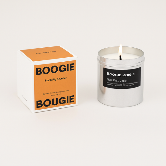 A hand poured candle made in Antwerp with its signature fragrance created by Boogie Bougie.