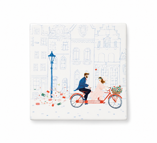 StoryTiles decorative ceramic tile illustrated scene "just married" StoryTiles It's Official ceramic tile wedding gift bride and groom marriage illustration ornate vintage frame Amsterdam Netherlands contemporary minimalist modern wall art home decor heirloom gift Dear Johny
