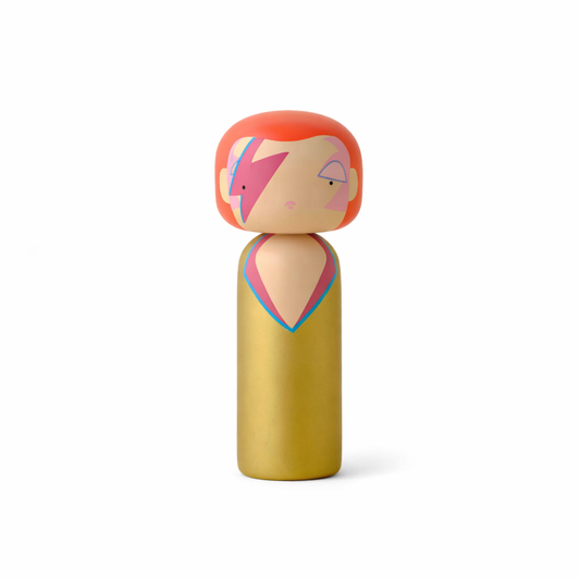 Lucie Kaas kokeshi doll illustrated wooden figure David Bowie Aladdin Sane
