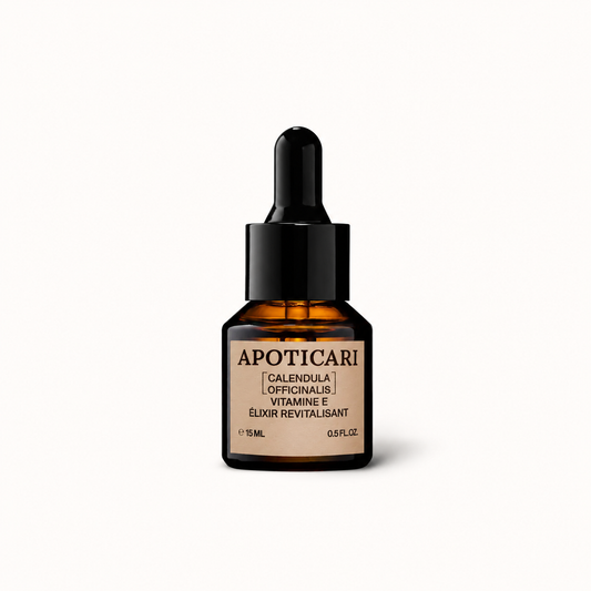 Apoticari Elixir Revitalisant Calendula Officinalis organic botanical face oil soothing amber glass dropper premium French skincare Auvergne France Dear Johny