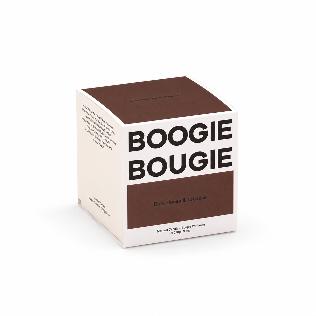 Hand-poured Dark Honey & Tobacco 270g scented candle in a minimalist glass vessel by Boogie Bougie