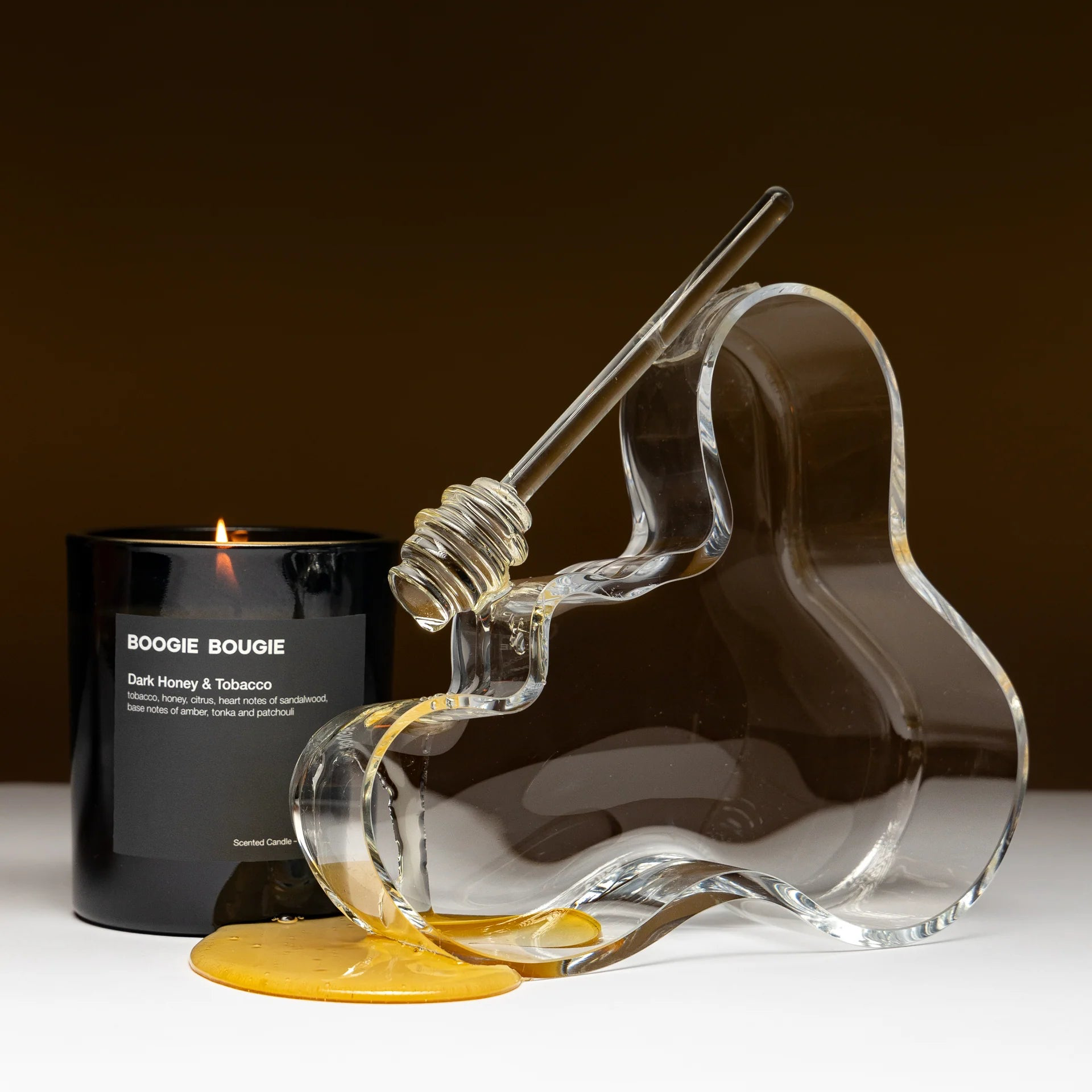 Hand-poured Dark Honey & Tobacco 270g scented candle in a minimalist glass vessel by Boogie Bougie