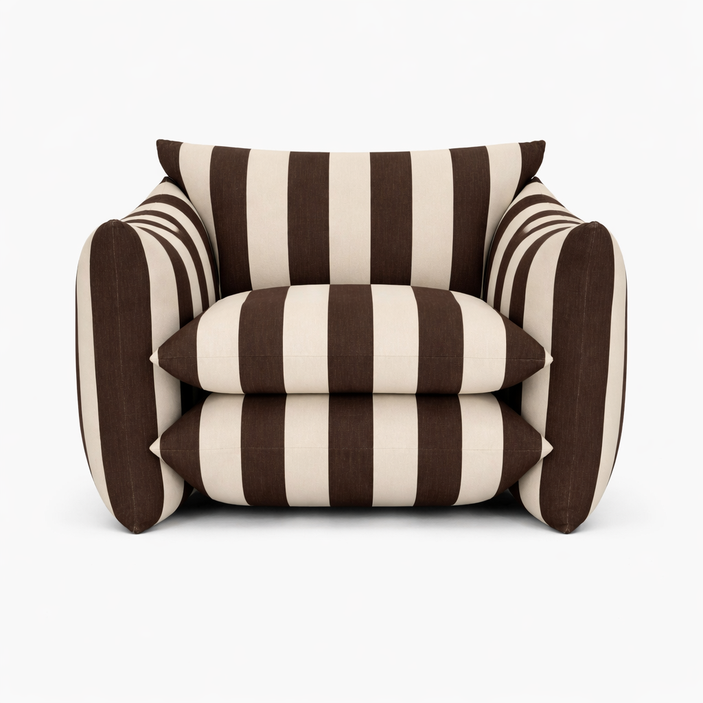 Buchanan Studio Studio Chair Earth in striped Belgian linen crafted in Long Eaton Dear Johny. Sculptural lounge chair with five floating cushions and FSC certified beech frame. 1970s inspired bohemian design, screen printed in West London.