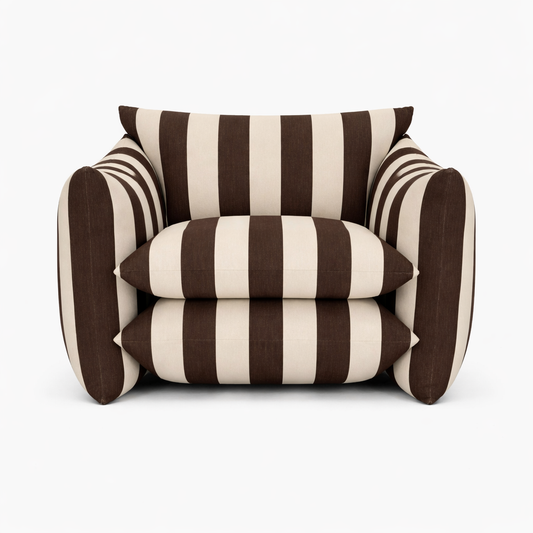Buchanan Studio Studio Chair Earth in striped Belgian linen crafted in Long Eaton Dear Johny. Sculptural lounge chair with five floating cushions and FSC certified beech frame. 1970s inspired bohemian design, screen printed in West London.