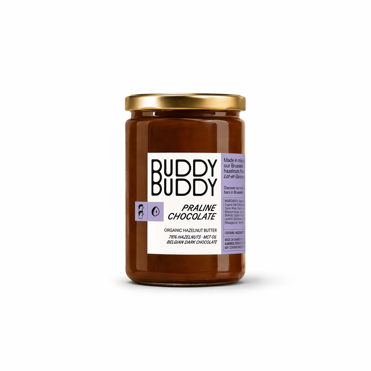Handmade organic Praline Chocolate Nut Butter by Buddy Buddy. Artisanal nut butter produced in a Brussels atelier with a B Corp certification. 