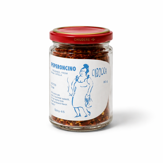 Artisanal Diavolicchio chili flakes by Cibocca. Sun-dried Italian peperoncino from Puglia, sourced by Hannibal Lembcke for a contemporary pantry.