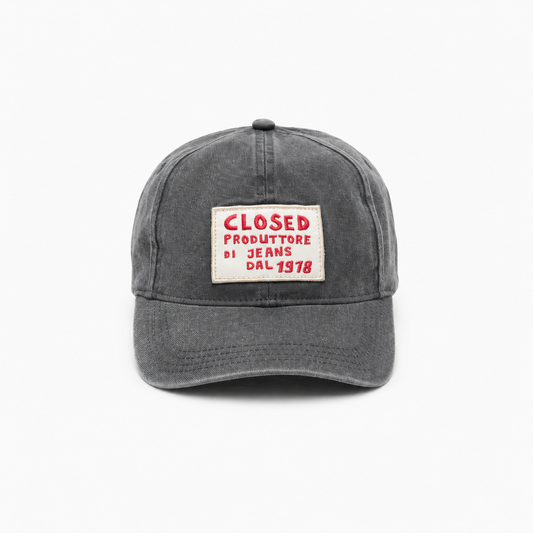Closed classic six panel denim cap in washed black with curved brim and adjustable strap handcrafted by Star Tags Dear Johny
