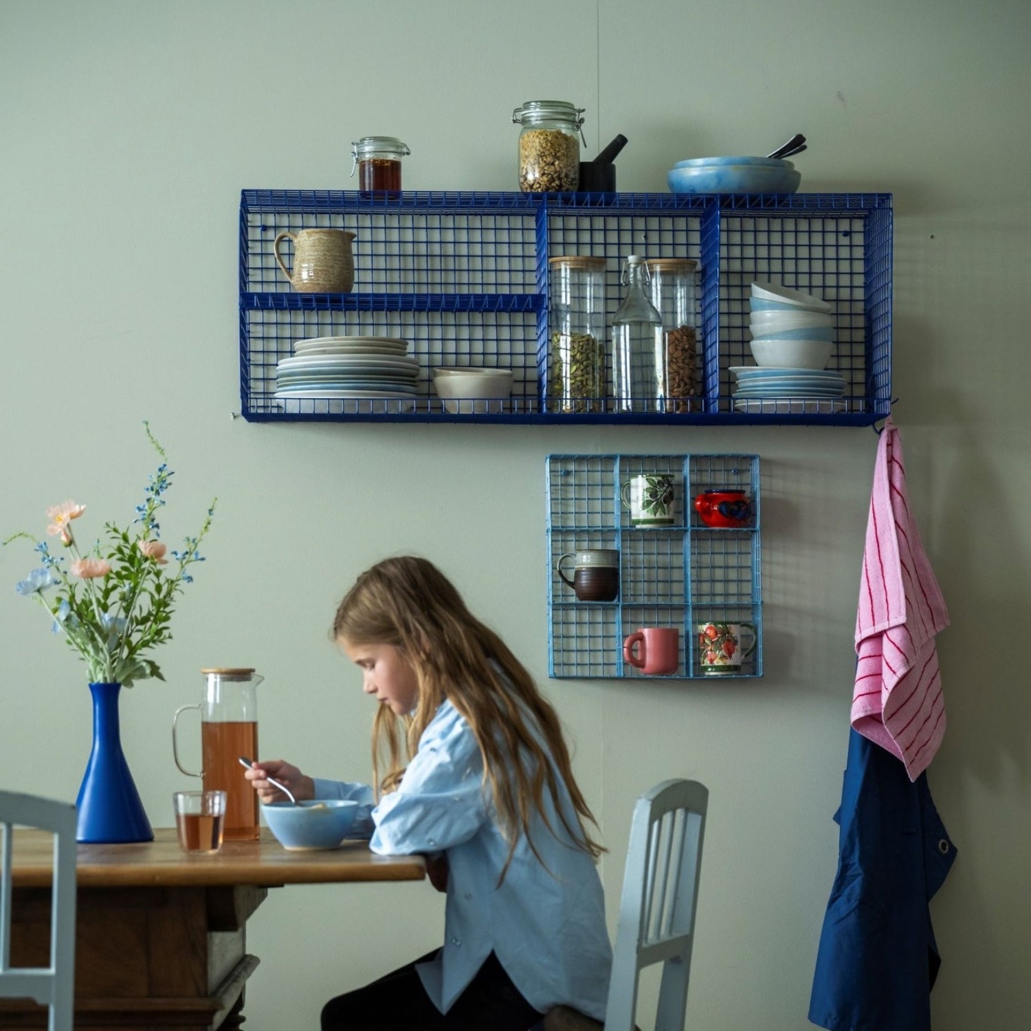 Small powder coated wire cup rack by Kalager Design, handcrafted Danish wall shelf for indoor and outdoor kitchen storage