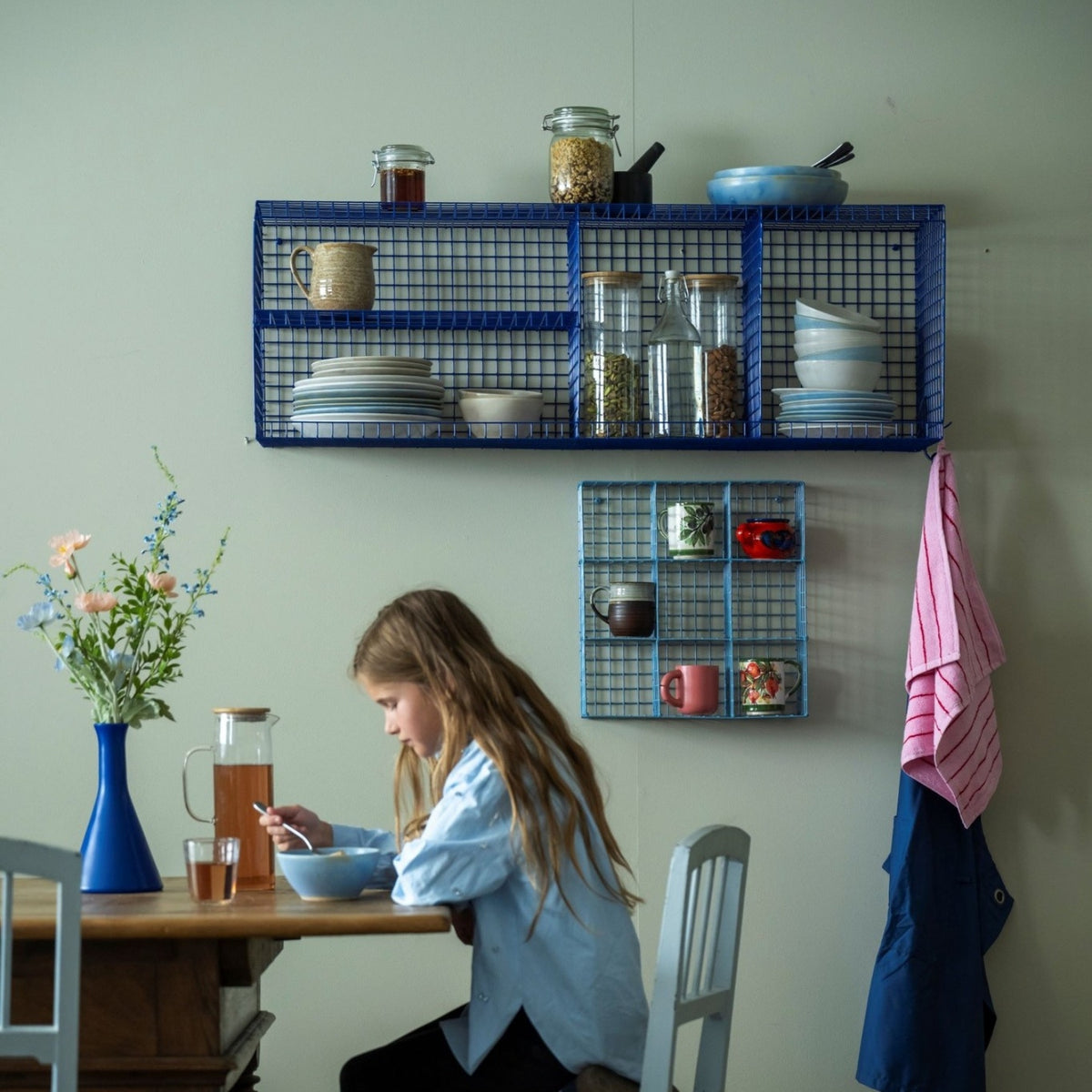 Small powder coated wire cup rack by Kalager Design, handcrafted Danish wall shelf for indoor and outdoor kitchen storage