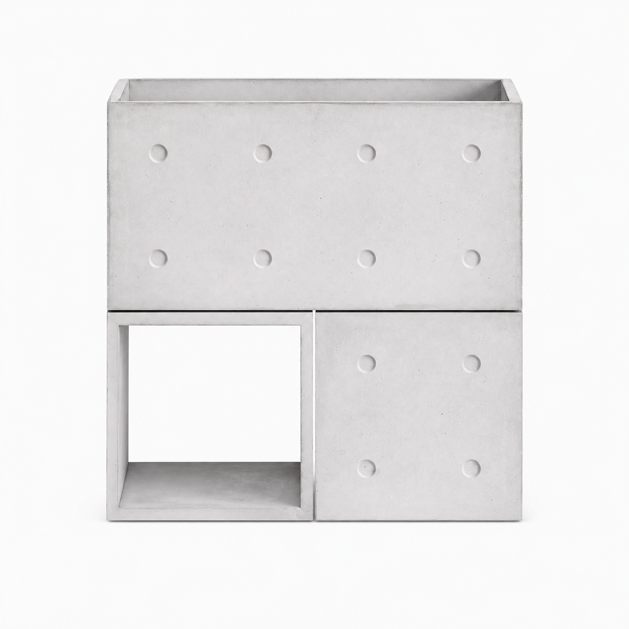 Modular concrete storage Dice Configuration 1 in Industrial Brutalism style, handcrafted in Lyon, France.