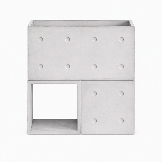 Modular concrete storage Dice Configuration 1 in Industrial Brutalism style, handcrafted in Lyon, France.