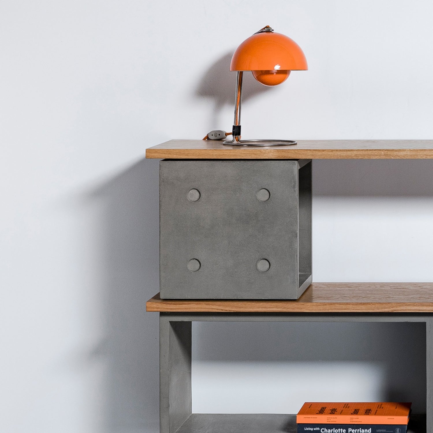 Modular concrete storage Dice Configuration 1 in Industrial Brutalism style, handcrafted in Lyon, France.