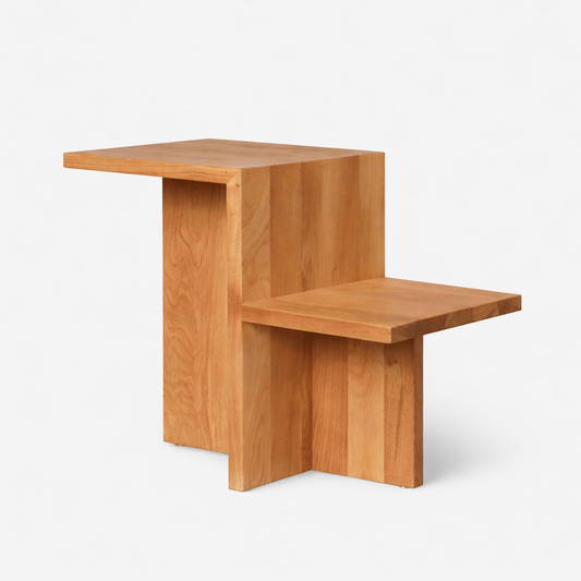 Ferm Living Distinct side table in natural oiled solid oak with minimalist Japandi silhouette handmade Europe Dear Johny. Sculptural Scandinavian design table crafted in Europe from FSC certified materials.