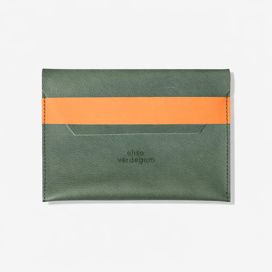 Elise Verdegem Kate W envelope pouch petrol blue leather and orange strap evening clutch artisan handmade party bag luxury accessory Ghent Belgium Dear Johny