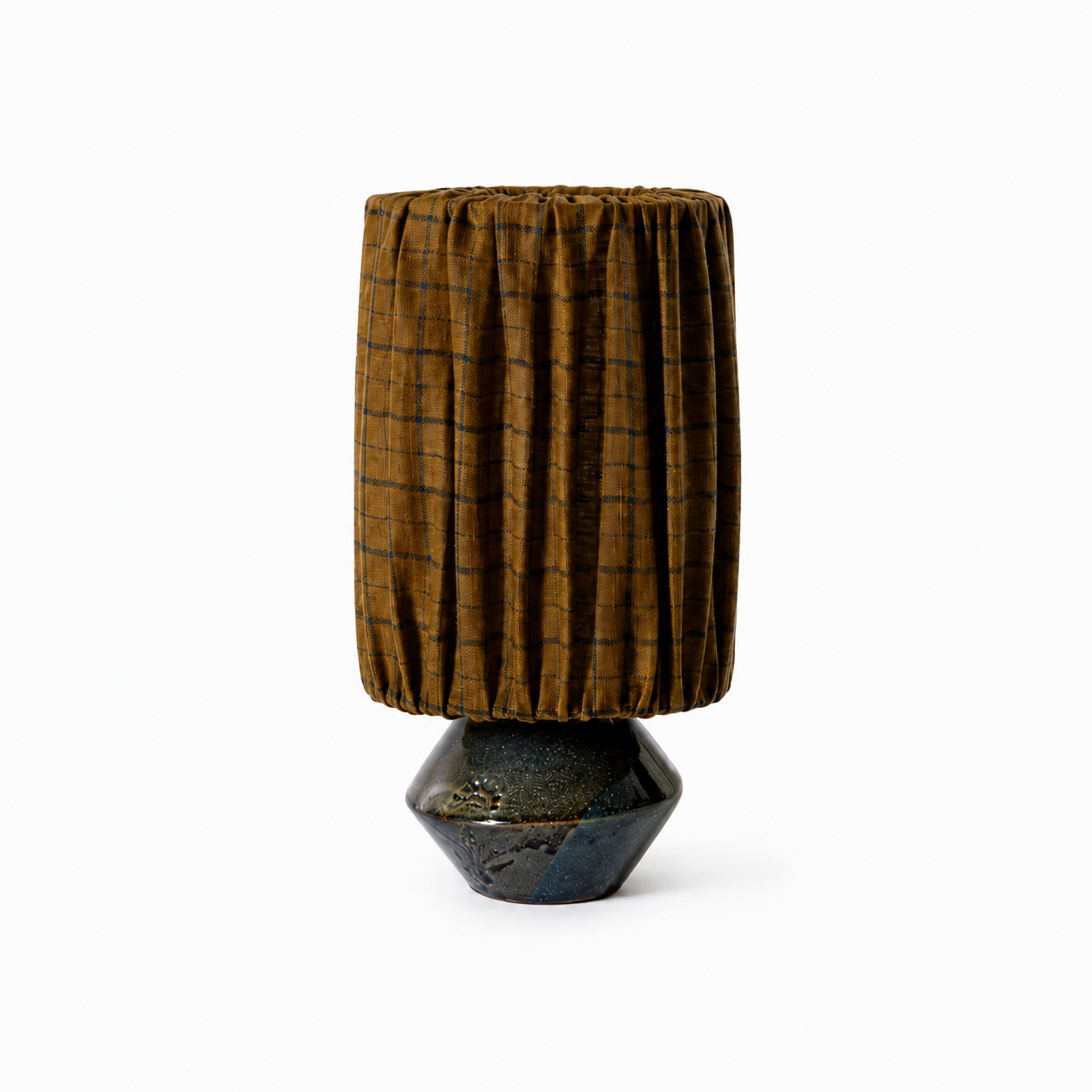 Enamoura Pitchoun ceramic table lamp with midnight blue checkered pattern handpainted on raw French stoneware specialty lighting category crafted in Provence Dear Johny
