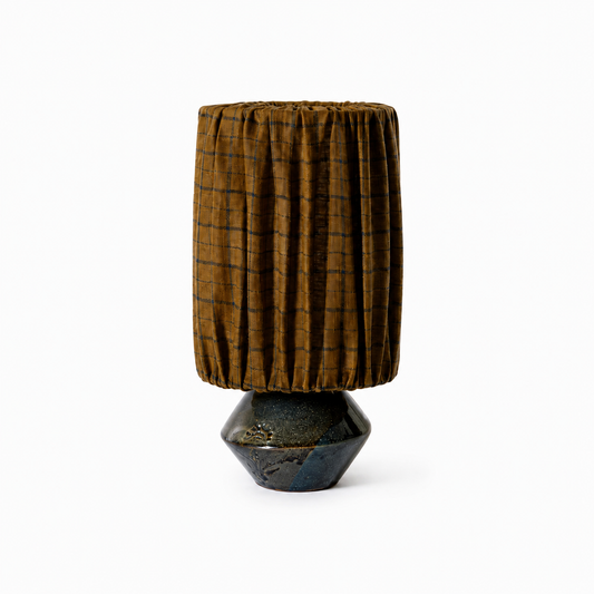 Enamoura Pitchoun ceramic table lamp with midnight blue checkered pattern handpainted on raw French stoneware specialty lighting category crafted in Provence Dear Johny