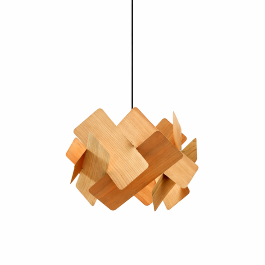 LZF Escape suspension lamp in natural wood veneer circles assembled in Valencia Spain Dear Johny. Sculptural Japandi-style pendant light designed by Ray Power featuring interlocking veneer rings for atmospheric lighting.
