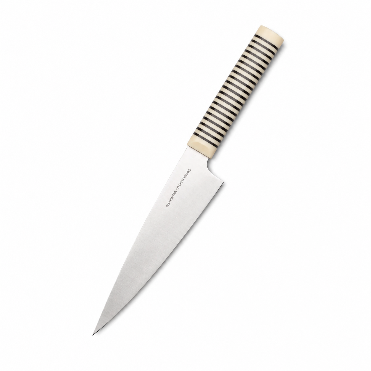 Florentine Kitchen Knives Petty Black Ivory modern contemporary style utility knife with stacked handle handcrafted by Tomer Botner and Noam Blumenthal Barcelona Spain Dear Johny