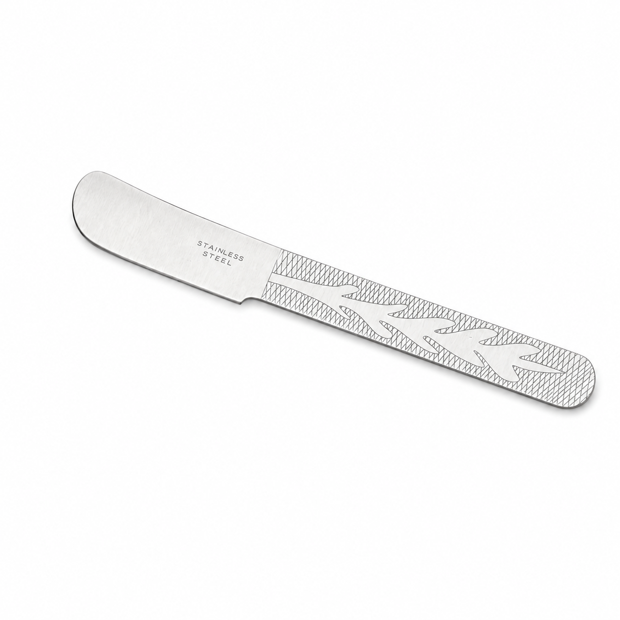 Florentine Kitchen Knives Simple Butter Knife Leaf organic modern satin stainless spring steel spreader featuring custom artwork by Oded Webman Barcelona Spain Dear Johny