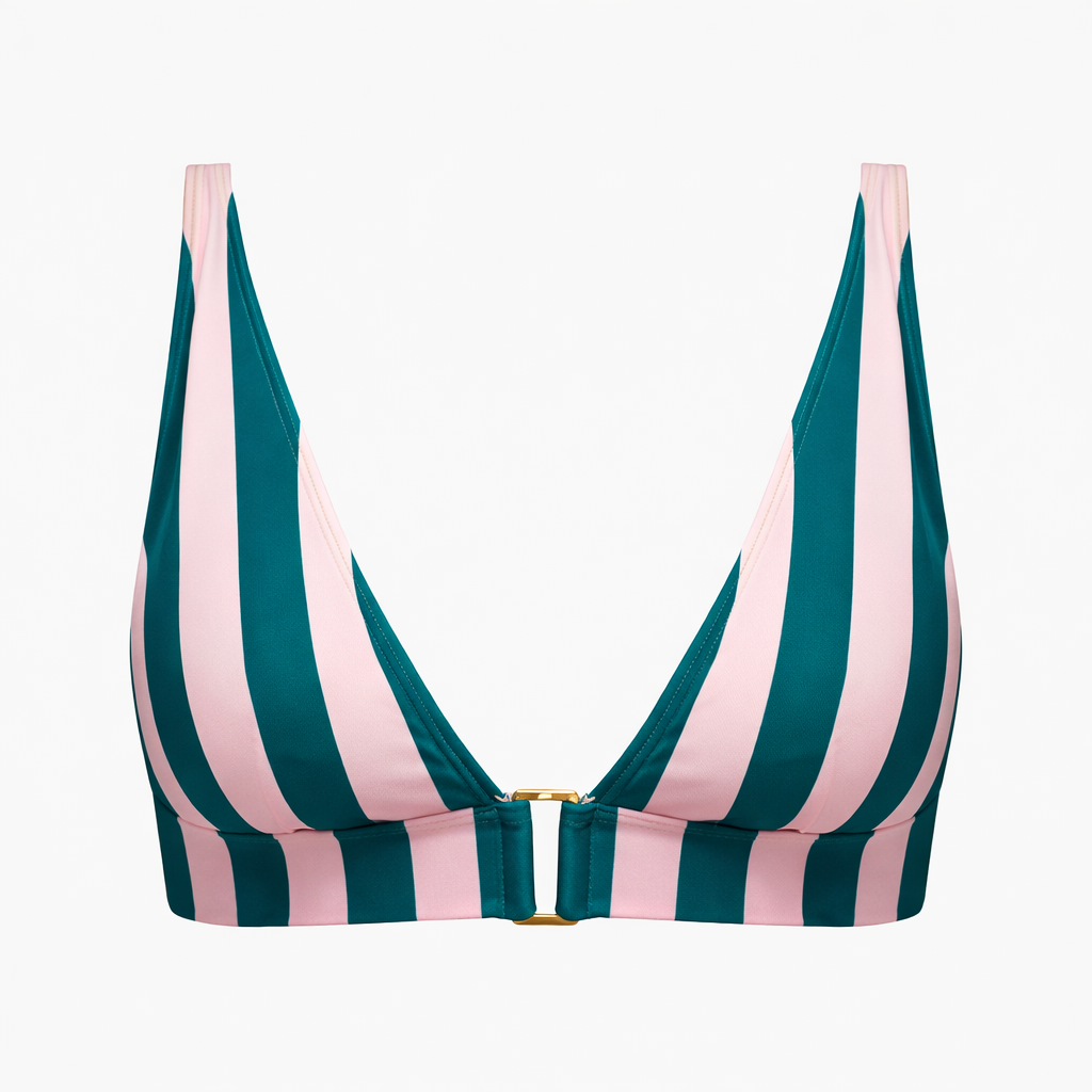 Foulard bikini top in matcha and pink striped fabric handmade Morocco Dear Johny. Foulard swimwear piece with golden accessory and adjustable straps in high quality European materials.
