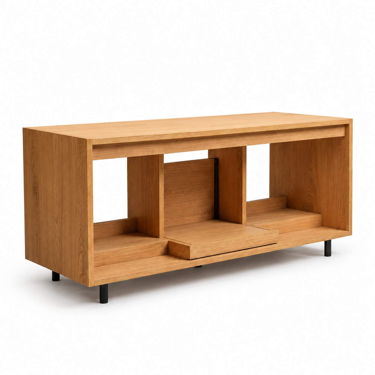 Mid-century modern stackable Groovaly Bloom vinyl storage console in oak and walnut made in Latvia