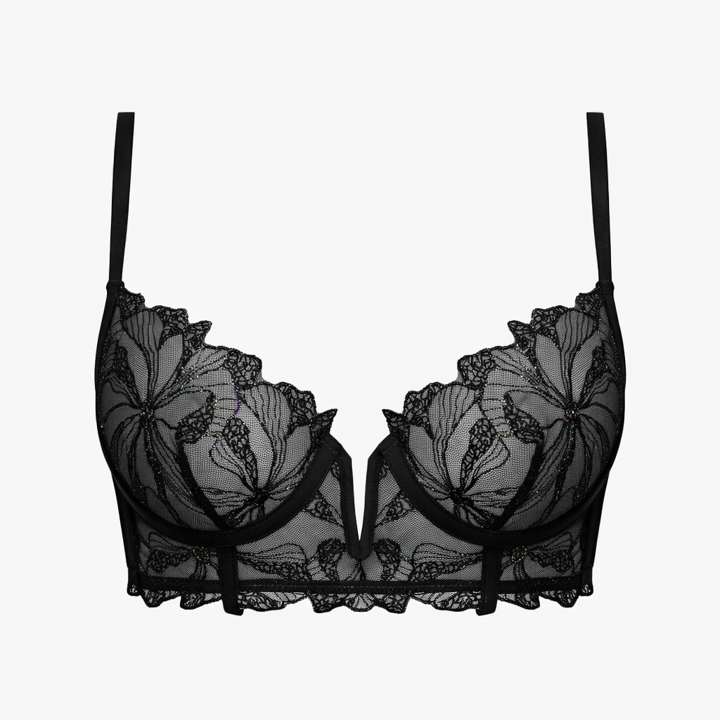 Georgia bustier corbeille recycled lace handmade Morocco Dear Johny. High waisted lingerie piece with vintage inspired embroidery and sustainable OEKO-TEX materials.