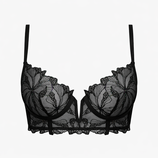 Georgia bustier corbeille recycled lace handmade Morocco Dear Johny. High waisted lingerie piece with vintage inspired embroidery and sustainable OEKO-TEX materials.