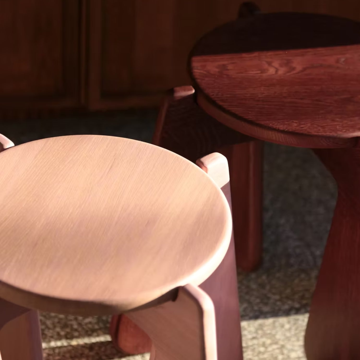 Handcrafted minimal interior object in burgundy painted solid oak wood designed by architects Weronika Kropidłowska and Mateusz Dobrowolski for Please Touch Studio in southwestern Poland