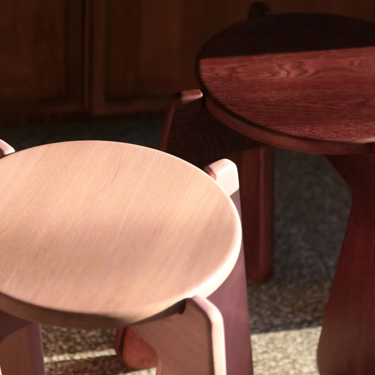 Handcrafted minimal interior object in burgundy painted solid oak wood designed by architects Weronika Kropidłowska and Mateusz Dobrowolski for Please Touch Studio in southwestern Poland