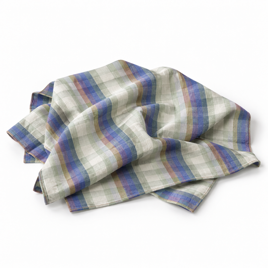 HKliving Vida checkered linen and cotton tablecloth in mint green and cobalt blue styled for aesthetic tablescaping and outdoor dining