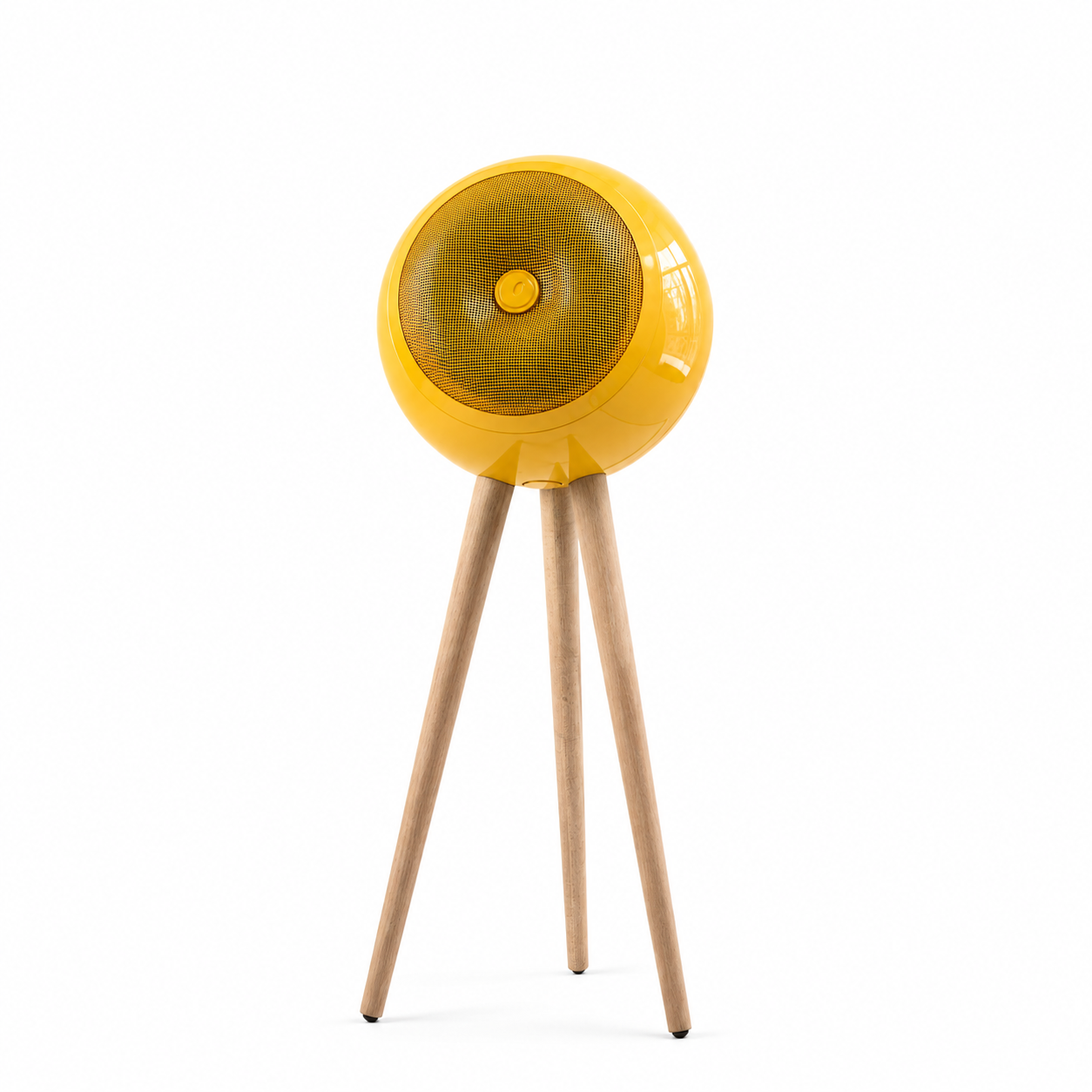 Bold living Space Age VOOMA Bubble One Bluetooth speaker on wooden tripod in high-gloss Solar Groove yellow French design