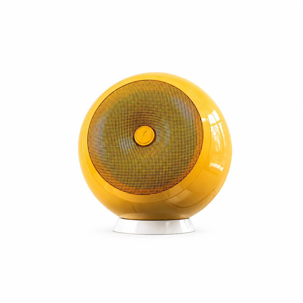Bold living Space Age VOOMA Bubble One Bluetooth speaker on wooden tripod in high-gloss Solar Groove yellow French design