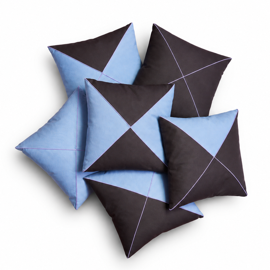 Bold living organic modern sofen Family Salt organic cotton cushion in Soft Blue and Rain Pebble with Sea Lavender piping made to order in Berlin