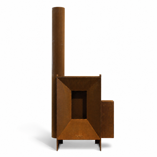 Jackie ecological outdoor stove in Corten steel by Bram circular design low CO emission sustainable patio heater with pizza oven option Dear Johny